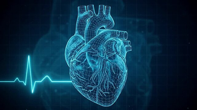 Human heart medical animation showing rhythmic pulse waves on digital blue wireframe background for healthcare and cardiology research video motion