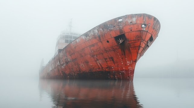 Large weathered red cargo ship resting in calm water and surrounded by dense fog, creating a mysterious maritime scene with visible corrosion and reflection.