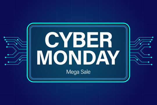 Cyber monday mega sale promotional banner with digital circuit board background and glowing text