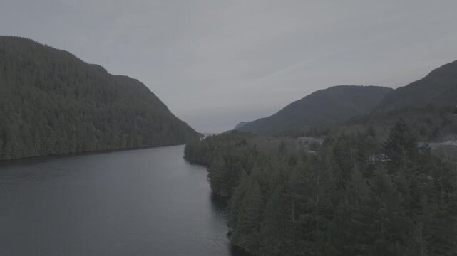 Aerial view of a remote coastal inlet and forested shoreline in the Great Bear Rainforest, British Columbia &mdash; wide establishing shot