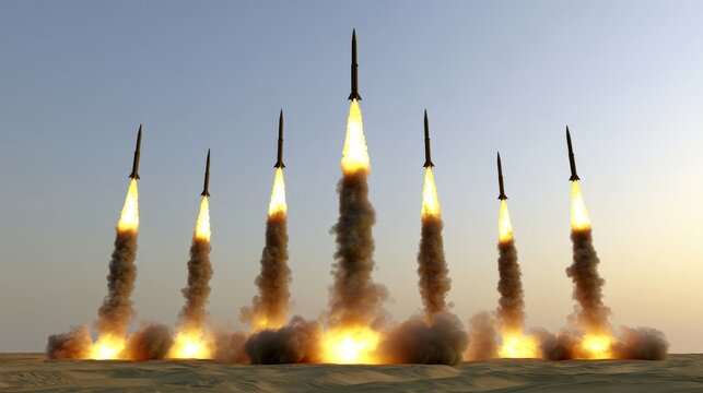 Seven rockets launching over a vast desert, with bright yellow engine flares and thick smoke trails, symbolizing advanced aerospace technology, strategic power, exploration, and space