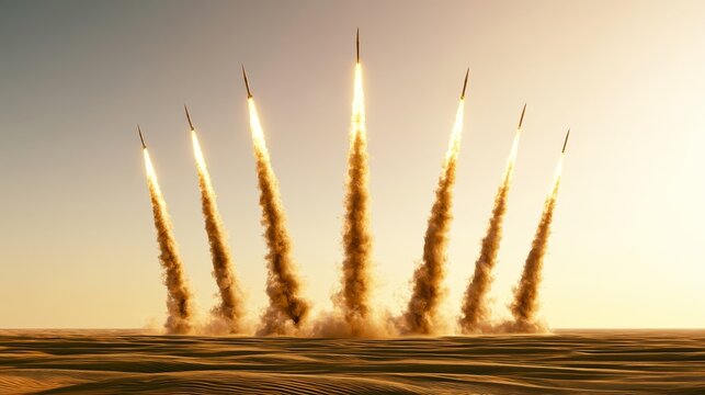 Seven rockets launching over a vast desert, with bright yellow engine flares and thick smoke trails, symbolizing advanced aerospace technology, strategic power, exploration, and space