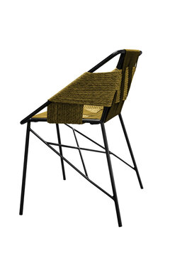 Modern outdoor lounge metal frame and woven rope seat, View from the side offset to the back