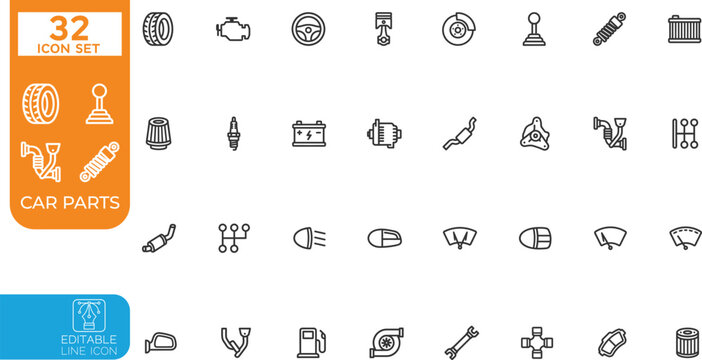Car parts Editable line Vector illustration icon set. Car spare parts icon collection. on transparent background.