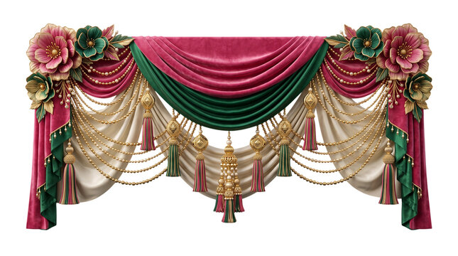 Luxury velvet fabric door valance with gold tassels isolated on transparent background