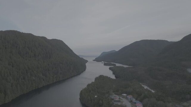 Aerial view of a remote coastal inlet and forested shoreline in the Great Bear Rainforest, British Columbia &mdash; drifting across the treeline