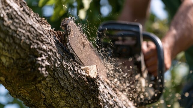 Close-up of tree pruning with chainsaw cutting through a trunk, showing operator arms and active cutting work for outdoor maintenance, gardening, forestry, landscaping, and tree care services