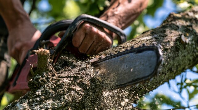 Close-up of tree pruning with chainsaw cutting through a trunk, showing operator arms and active cutting work for outdoor maintenance, gardening, forestry, landscaping, and tree care services