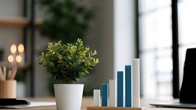 A small potted plant beside a miniature bar chart on a wooden desk with soft natural light from a window in the background