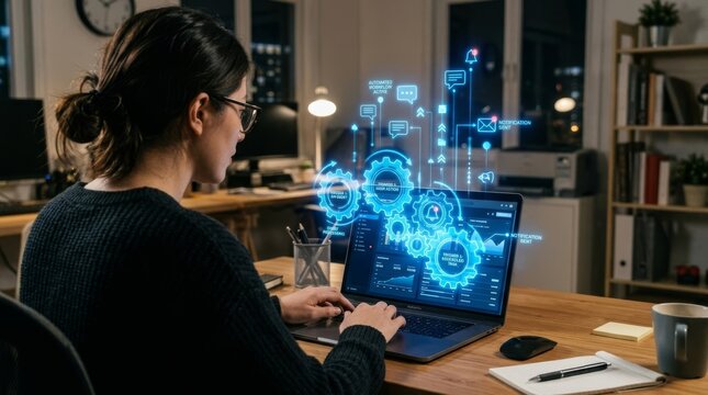 Over the shoulder view of a professional woman working on a laptop at night, featuring a futuristic blue holographic interface showing automated workflow systems, gears, and notification icons.