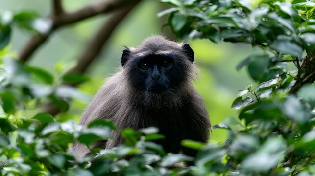 A langur monkey sits calmly among lush green foliage in a forest  its dark face and fur contrasting with the vibrant leaves