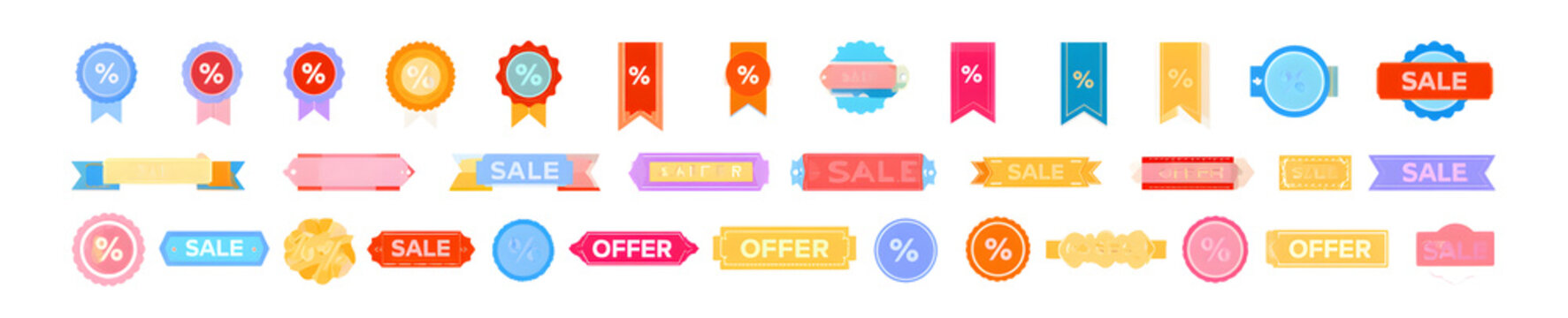 A set of discount coupons or shopping tags, each labeled with a percentage and a discount symbol. Include tags for Black Friday sales, as well as sale labels. Vector images can be used for sale price 
