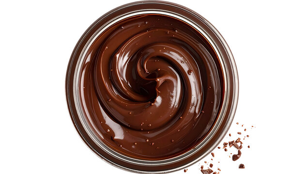 Top-down shot reveals a swirling, glossy, dark brown chocolate spread in a glass jar