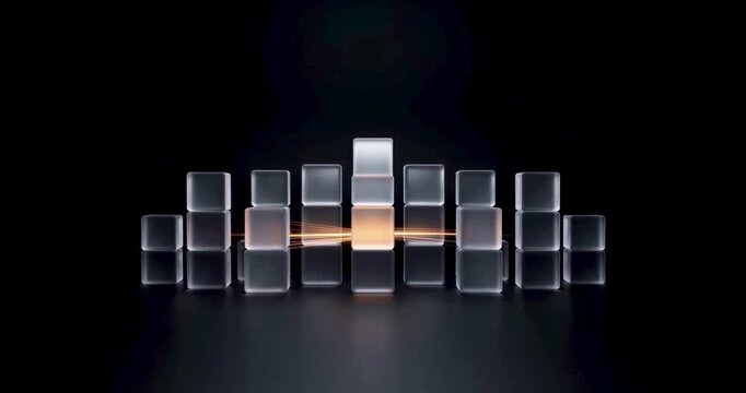 Slow Motion Abstract Glass Blocks Tower with Moving Light, Financial Concept Loop.