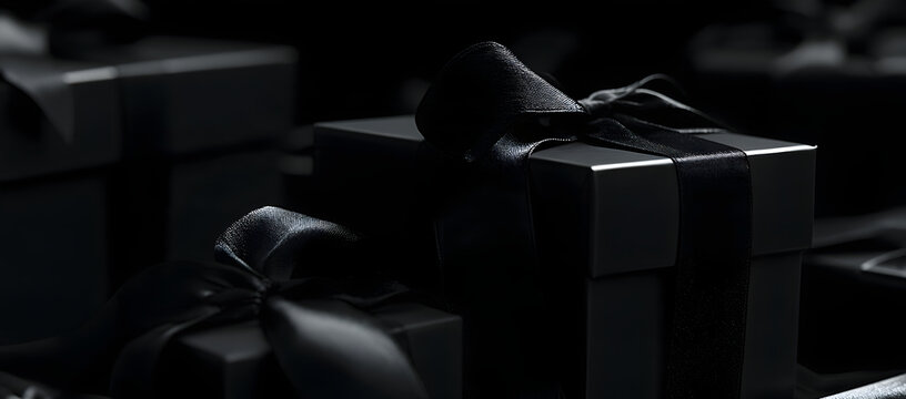 Items adorned with a black ribbon set against a black backdrop, inspired by the Black Friday concept.