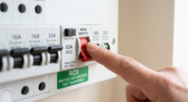 Close-up of a hand flipping the red main switch on a residential electrical circuit breaker panel or fuse box for safety during maintenance and repair in a modern household setting.