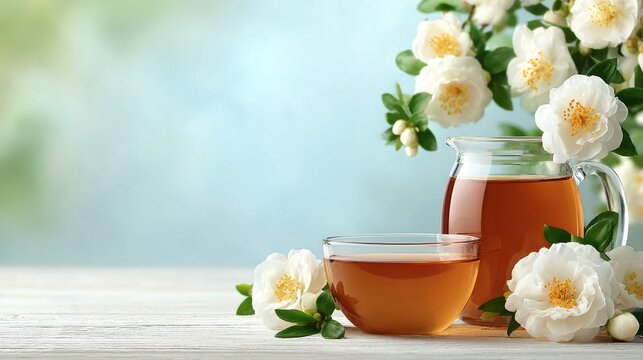 A glass cup and a jug filled with amber tea, surrounded by white flowers and green leaves on a white wooden table.   