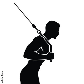 Silhouette of a man performing tricep pushdowns using a cable machine, viewed from the side, targeting arm muscles.