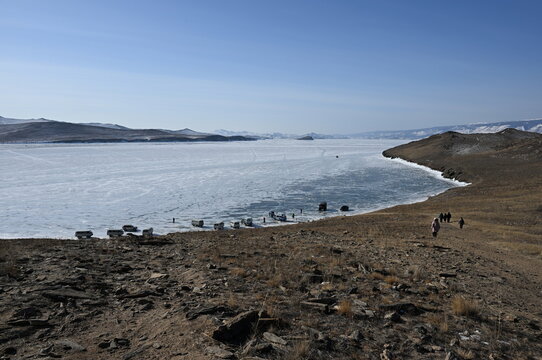 Transportation near Ogoy island on Lake Baikal in winter
