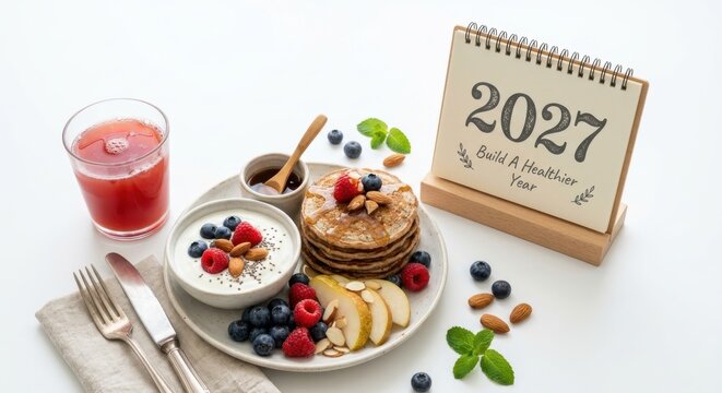 Healthy breakfast platter with pancakes, yogurt bowl, fresh berries, juice, and 2027 desk calendar with motivational text on white background, representing wellness resolutions for the new year.