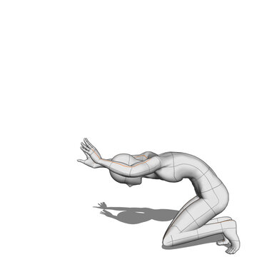 3D render of featureless female mannequin kneeling with arms reaching forward and arched back isolated on white background. Artistic anatomy figure with grid lines for dramatic pose reference, yoga,