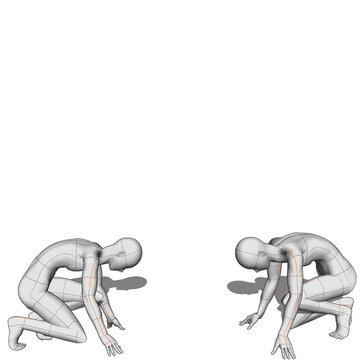 3D render of featureless female mannequin in crouching crawling position shown in two angle views isolated on white background. Artistic anatomy figure with grid lines for pose reference, character