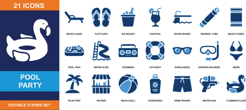 Pool party and summer vacation vector icon set featuring beach accessories and tropical leisure