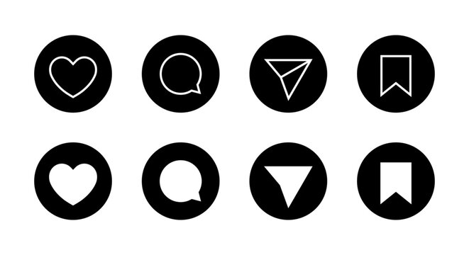 Like, comment, share, and save bookmark icon. Social media interaction line symbol in black circle