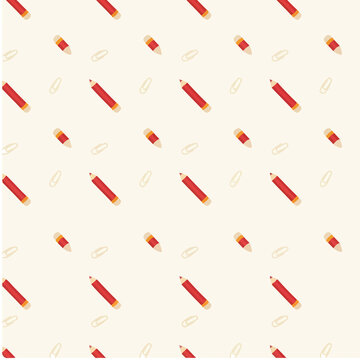 Seamless pattern of red pencils and paper clips