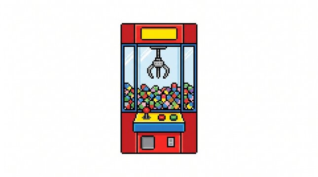 8-bit pixel art of a colorful glass claw crane machine arcade game asset isolated on white.