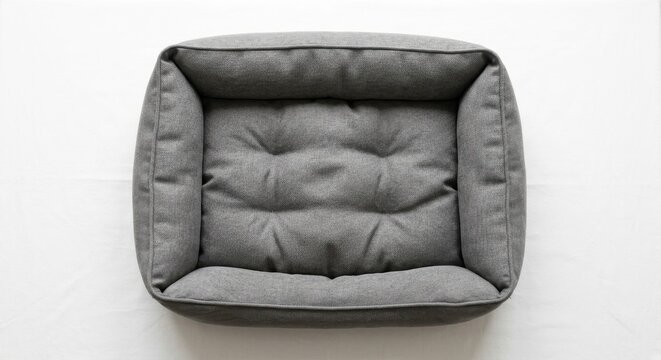 Top View of a Comfortable Grey Rectangular Fabric Pet Bed for Dogs or Cats Isolated on a White Background, Soft and Padded Cushion for Domestic Animal Comfort and Sleep Accessory.
