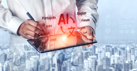 Global communication with multiple languages, digital translation tools, multilingual technology, cross-cultural communication, and virtual language learning environments. Spline © InfiniteFlow