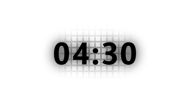 Digital 5 minute to 0 second. black text number on isolated white background, displays a timer counting down minutes and seconds, 4k animation video.