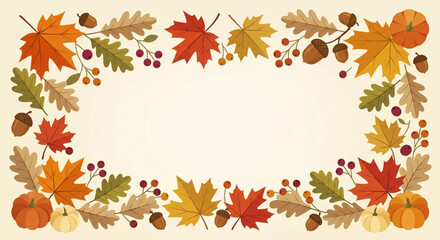 Obraz premium Autumn foliage border with maple leaves and pumpkins, decorative fall season frame vector, botanical harvest background with acorns and berries