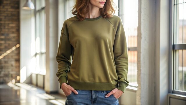 A worn olive green crewneck sweatshirt hangs relaxed on a slouched figure soft casual comfort exuding from every thread