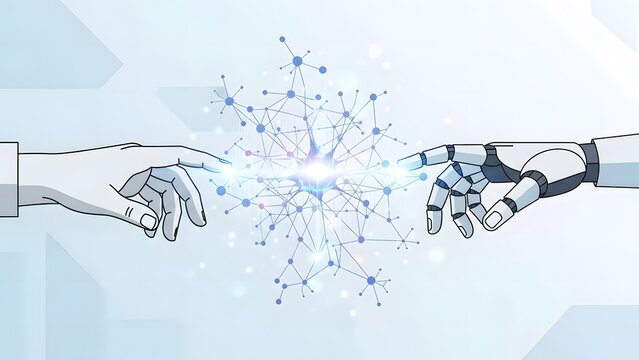 Human and robot hands touching with glowing digital network connections representing future technology and AI cooperation