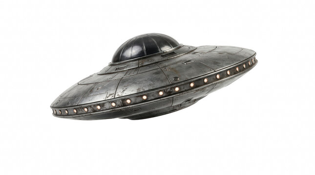 Retro flying saucer with glowing lights in studio lighting isolated on transparent background