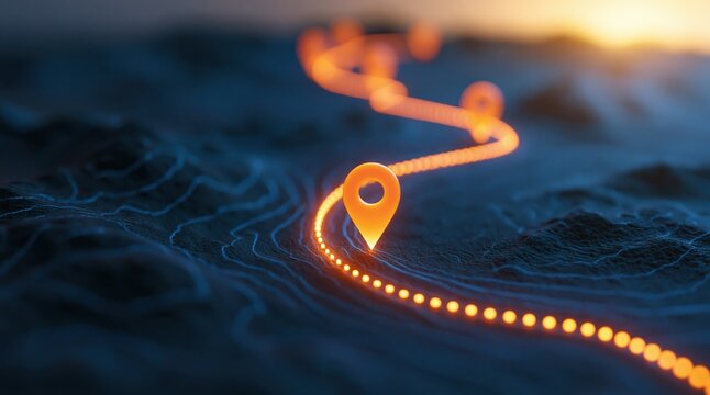 Navigation path on a glowing topographic map showing a gps route for travel journey