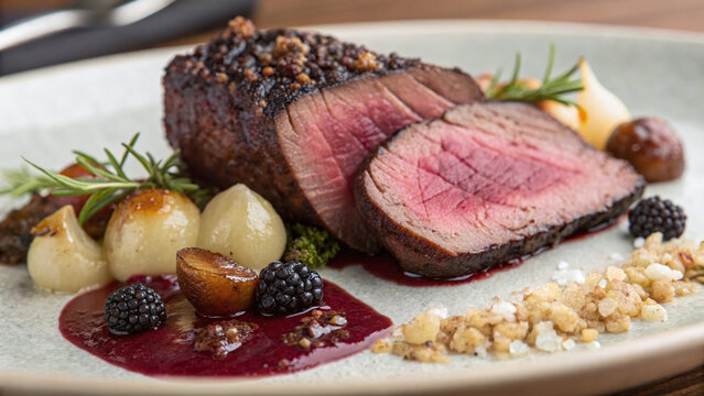 Photorealistic macro venison showing juniper blackberry crust, ruby center, silky parsnip puree and glossy rosemary jus