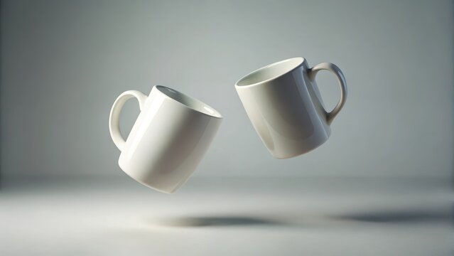 Two blank white mugs levitate against a simple light grey backdrop suspended in a state of eerie weightless serenity