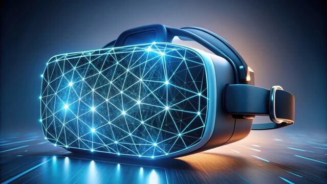 A sleek vr headset encased in a blocky 3d representation of a blockchain network materializes before me