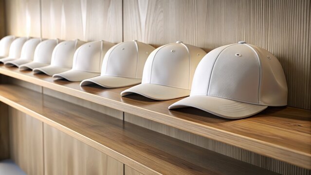 A row of identical white baseball caps sit neatly on a wooden shelf minimalist perfection