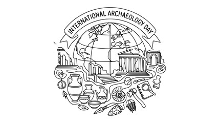 Fototapeta premium International Archaeology Day Globe With Ancient Ruins and Artifacts Illustration