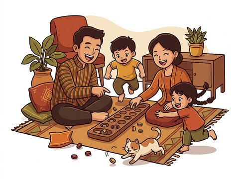 Happy Indonesian Family Playing Congklak Traditional Board Game Illustration