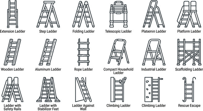 Types of Ladders and Scaffolding Equipment Thin Line Vector Icon Set with Extension Step Folding Telescopic Rope and Platform Ladder Symbols