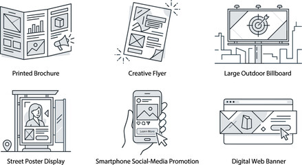Fototapeta premium Traditional Print and Digital Marketing Channels Outline Vector Illustration Set Featuring Brochure Creative Flyer Billboard Street Poster Smartphone App and Web Banners