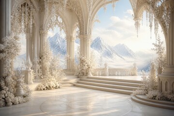 Obraz premium Dreamy ornate palace terrace with snowy mountain panorama