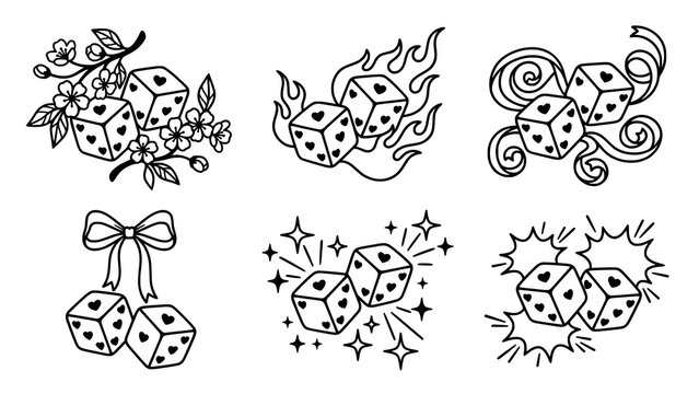 Collection of hand drawn dice illustrations with hearts and decorative elements in black ink