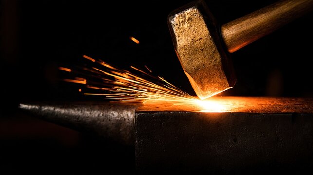 anvil. A glowing hot anvil struck by a hammer, sparks flying in a dark workshop. safety posters, maintenance manuals, designed for precision metalworking and fabrication facilities.