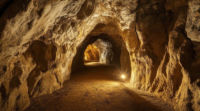 miner. An empty underground mine tunnel with rough rock walls lit by a single helmet light. safety posters, maintenance manuals, designed for industrial assembly lines and welding operations.